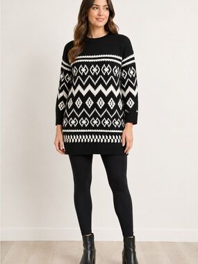 Reitmans Black Ivory Geometric Fair Isle Tunic Sweater Medium